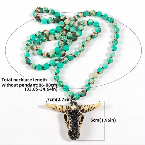 Bull Skull Long Knitted Pink Natural Stones Necklace FINE CRAFTMANSHIP - Picture 2 of 3